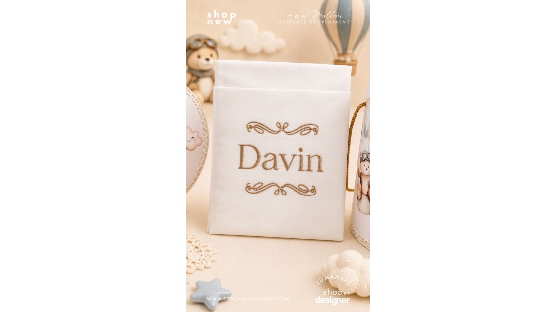 Trusou Botez Băieți Little Aviator Ursuleț Aviator Personalizat Bleu Pudrat si Ivory 5